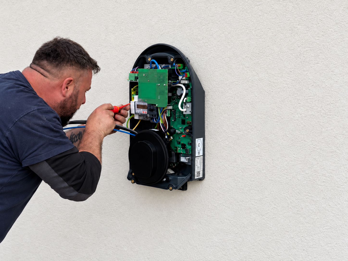 Technicien intervenant sur une borne Schneider EVlink fixée à un mur plein — photographie retouchée